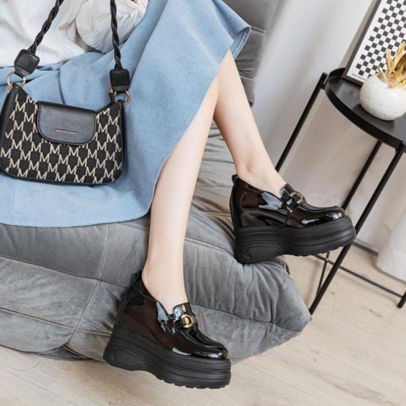 High quality 11CM Patent Genuine Leather Spring Autumn Women Platform Wedge Cushioned Ankle Boots Fashion Pumps High Brand Shoes