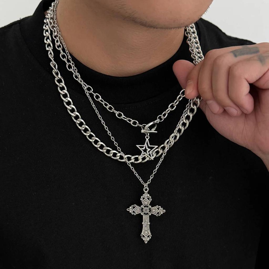 SHIXIN 3 Stück/Set Punk-Stil Stern Jesus Kreuz Anhänger Halskette für Männer Hip Hop Stapelbar Mehrschichtig Dicke Kette Choker Halskette