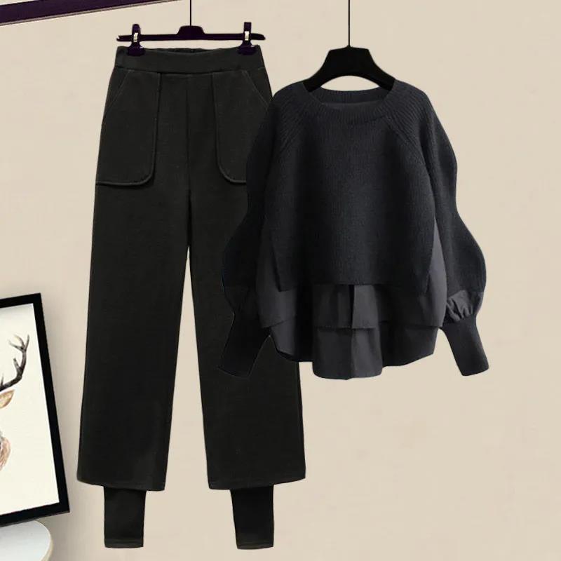 

Осенний костюм-двойка больших размеров: Стильный топ, прикрывающий живот, и универсальное стройнящее платье M