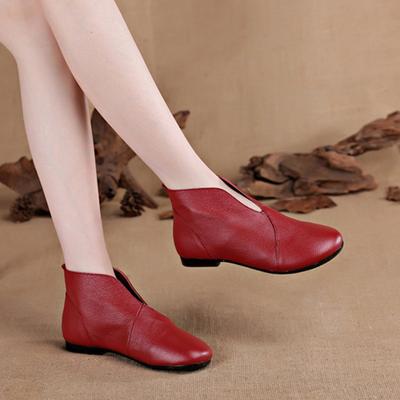 The First Layer of Cowhide Spring New Flat-bottomed Casual Short Boots Genuine Leather Women's Boots Round Head Soft Bottom Deep Mouth