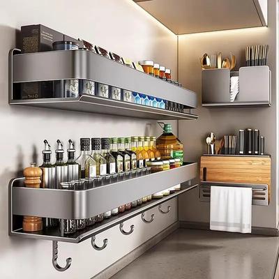 Aluminium Wandmontiertes Gewürzregal Multifunktionale Ablage Küchenwerkzeug Haken Küchengewürz Aufbewahrungsregal Ohne Bohren