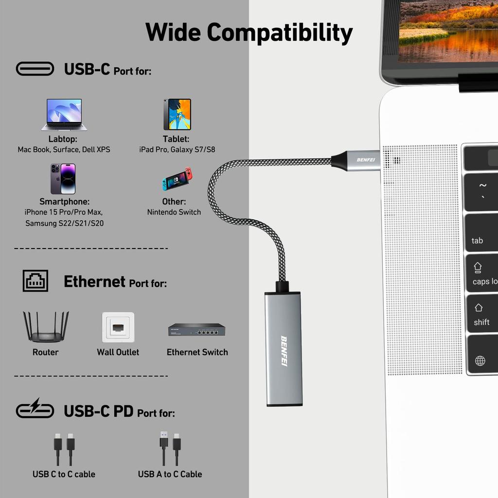 BENFEI Gigabit Ethernet Adapter Supports 100W fast charging Thunderbolt compatible Equipped with RJ45 LAN port Compatible with iPhone 15 MacBook iPad