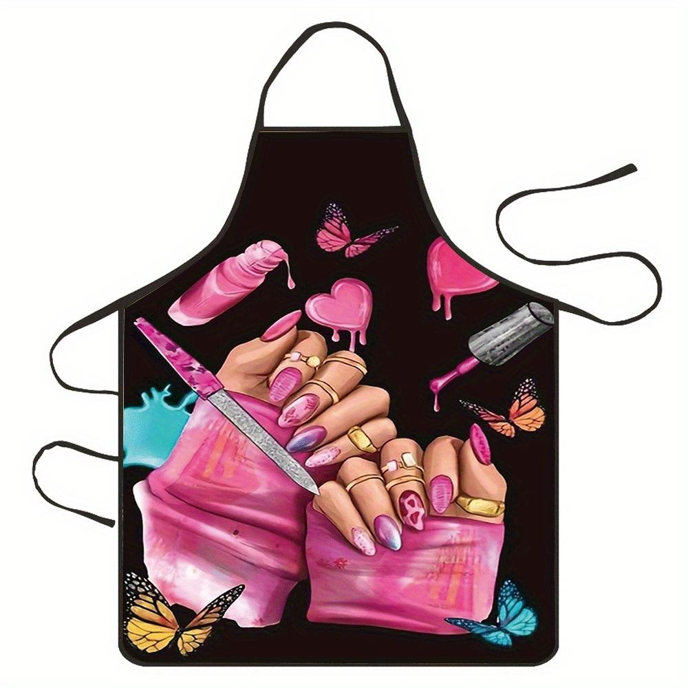 1 Piece Apron with Butterfly and Nail Polish Design, Vintage Nail Art Design, Unisex, Suitable for Crafts, Baking, Painting, Cleaning, Cooking, Chef,