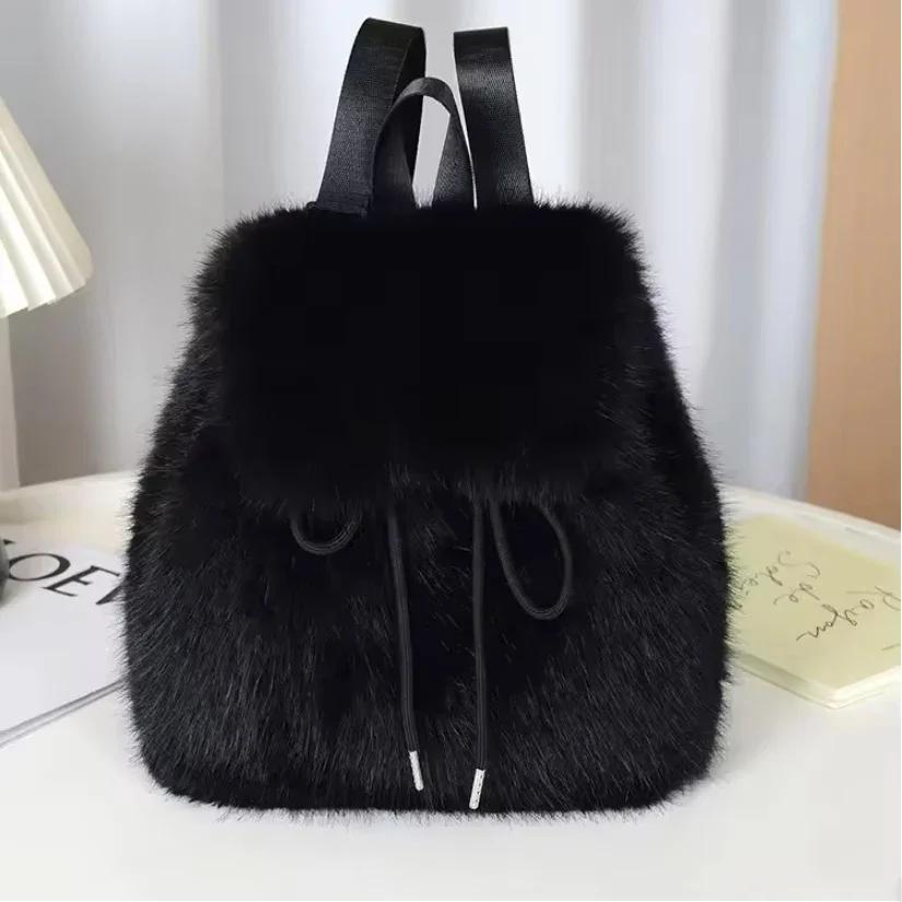

Women Backpack with Faux Fox Fur Large Capacity Student Shoulder Crossbody Bag Drawstring Magnetic Flap Casual Fashion Handbag чёрный