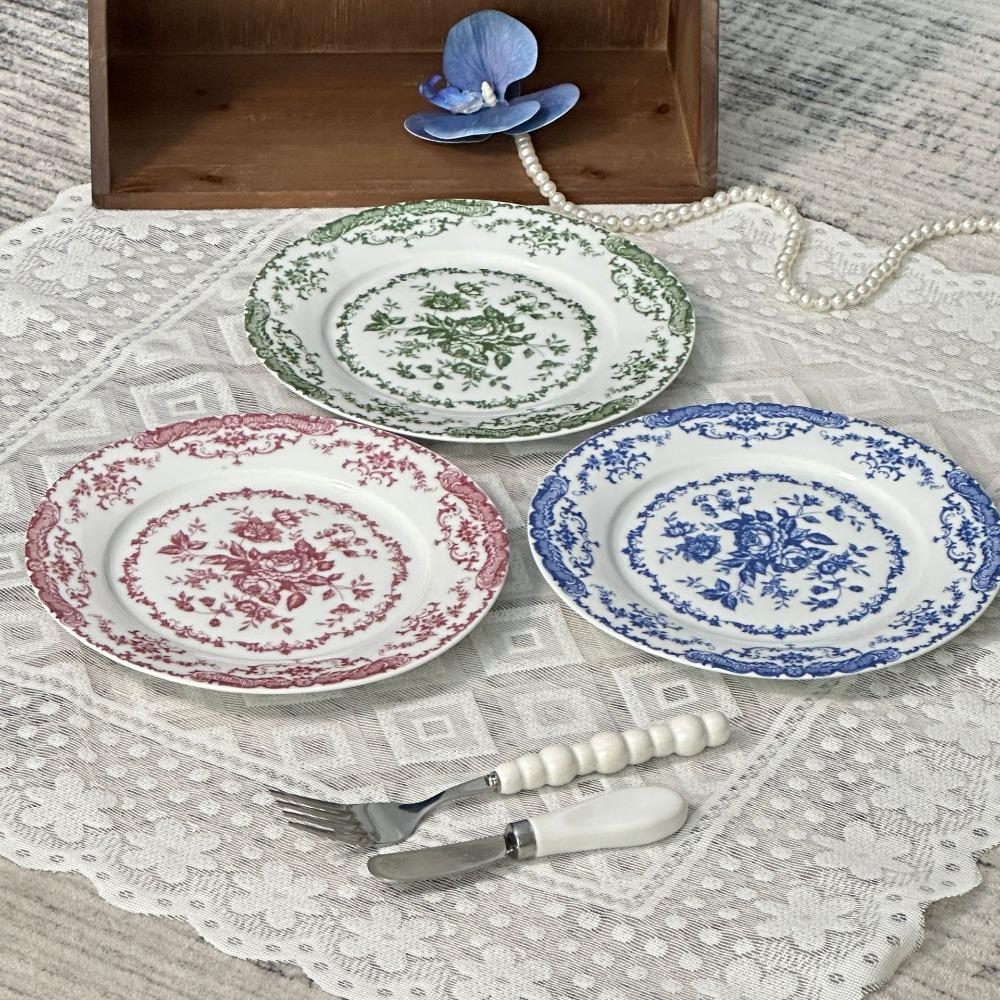 Round Dinner Plate Retro Dessert Plate Creative Nordic Flower Pattern Disc Hotel