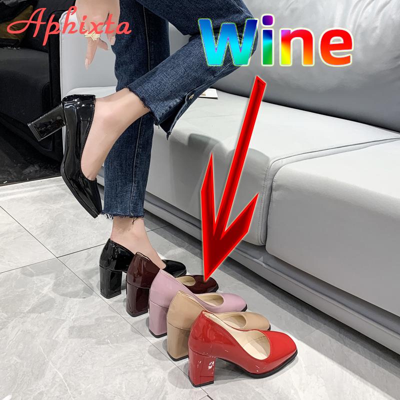 Fashion Aphixta 7.5cm Square Tou Patent Leather Shoes Women Pumps Thick Heels Sapato Feminino Work Party Shoes Super Big Plus Size 50