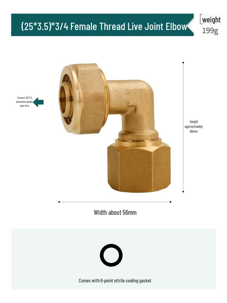 Aluminum-Plastic 90-Degree Elbow Pipe Fitting, Internal Thread, Fits 1216 and 1620 Solar Water & Gas Pipes, 4-Point & 6-Point Copper.