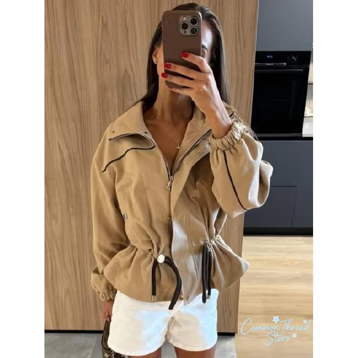 Women`s Fashion Drawstring Short Jacket Lapel