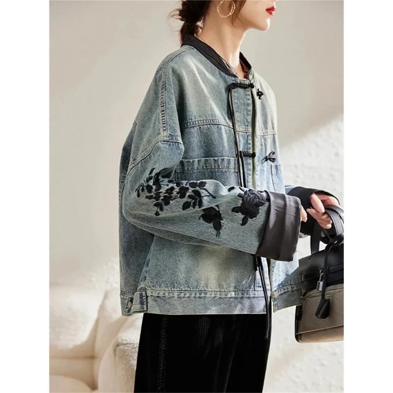 Veste en jean pour femme Printemps Automne Brodé Style Chinois Mode Polyvalente Vêtements en jean Haut de gamme pour femme