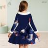 Girls High Neck Long Sleeve Furry Trim Tie Waist Red White Blue Eagle Star Printed A Line Flared Dress