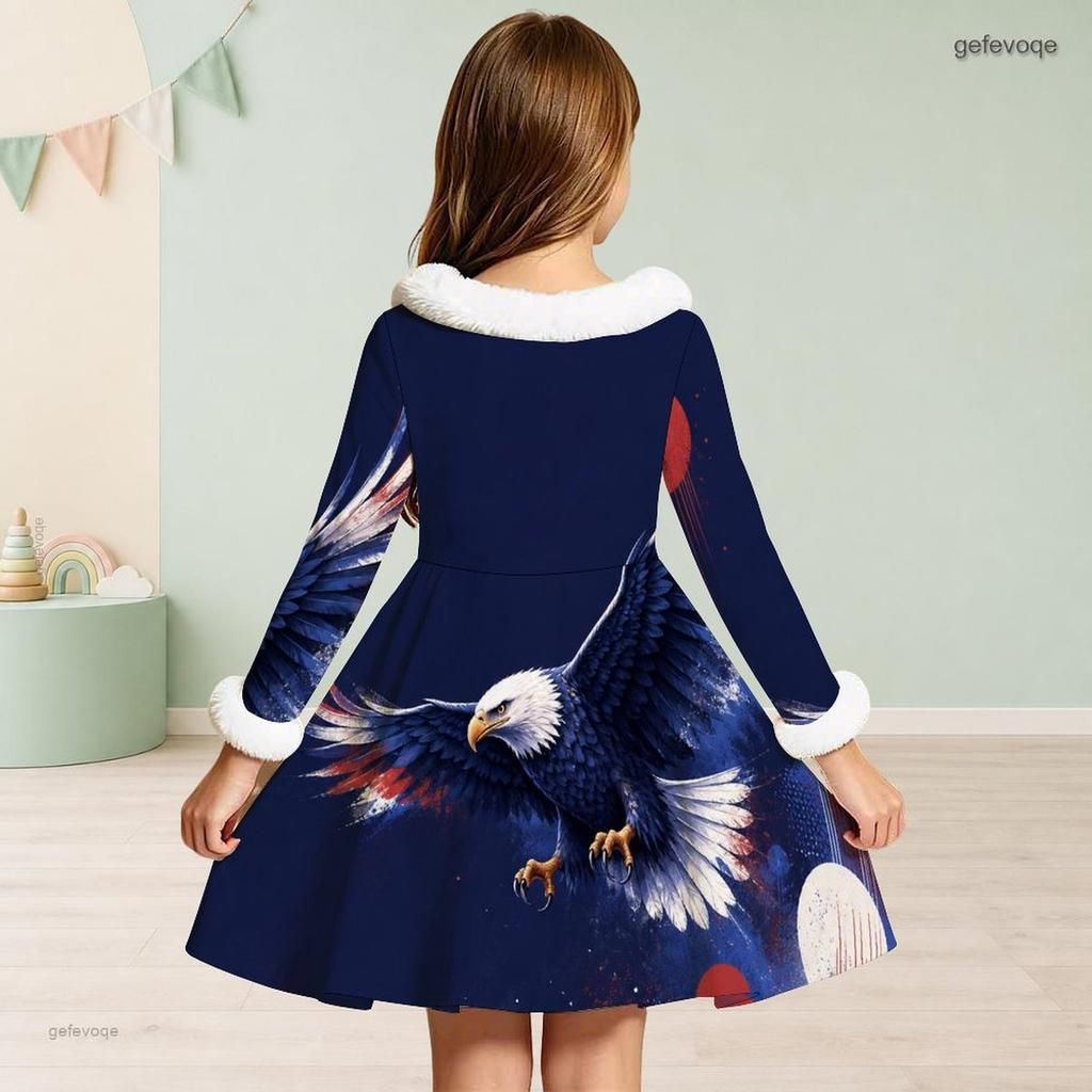 Girls High Neck Long Sleeve Furry Trim Tie Waist Red White Blue Eagle Star Printed A Line Flared Dress