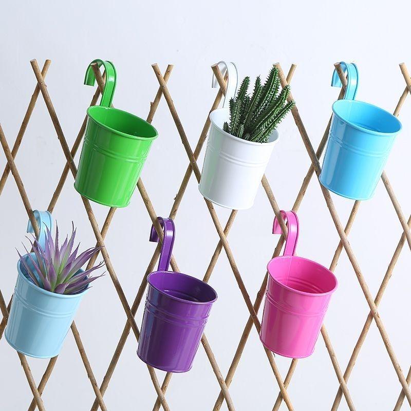 Colorful Metal Hanging Flower Pot with Curved Hook – Small Iron Bucket for Balcony or Wall with Succulent or Green Plant