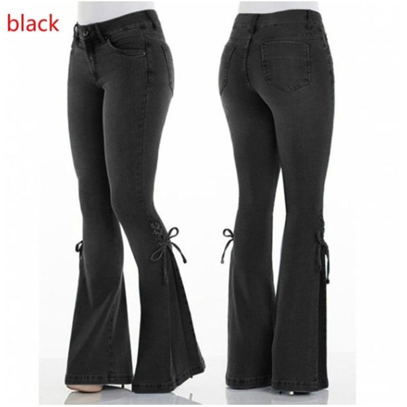 Fashionable Solid Color High-waisted Lace-up Flared Trousers Stretch Jeans Trousers 2XL