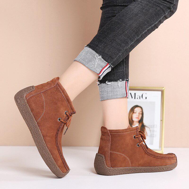 Women Cow Suede Leather Boots Warm Comfort Soft Flat Shoes Lace Up Ladies Martin Short Boots