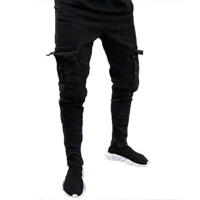 Męskie, elastyczne, obcisłe dżinsy Slim Fit Cargo Denim Pants Czarne długie spodnie