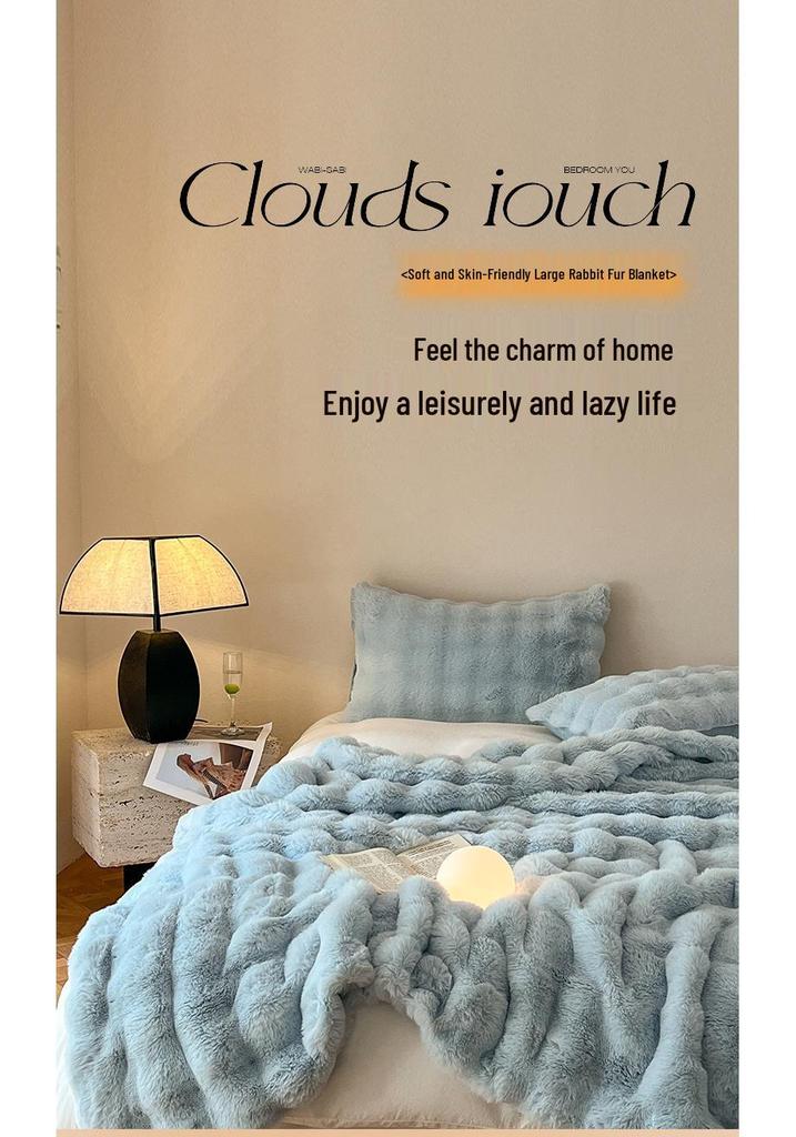 Autumn-Winter Double-Layer Faux Rabbit Fur Plush Nap Throw Blanket Shawl