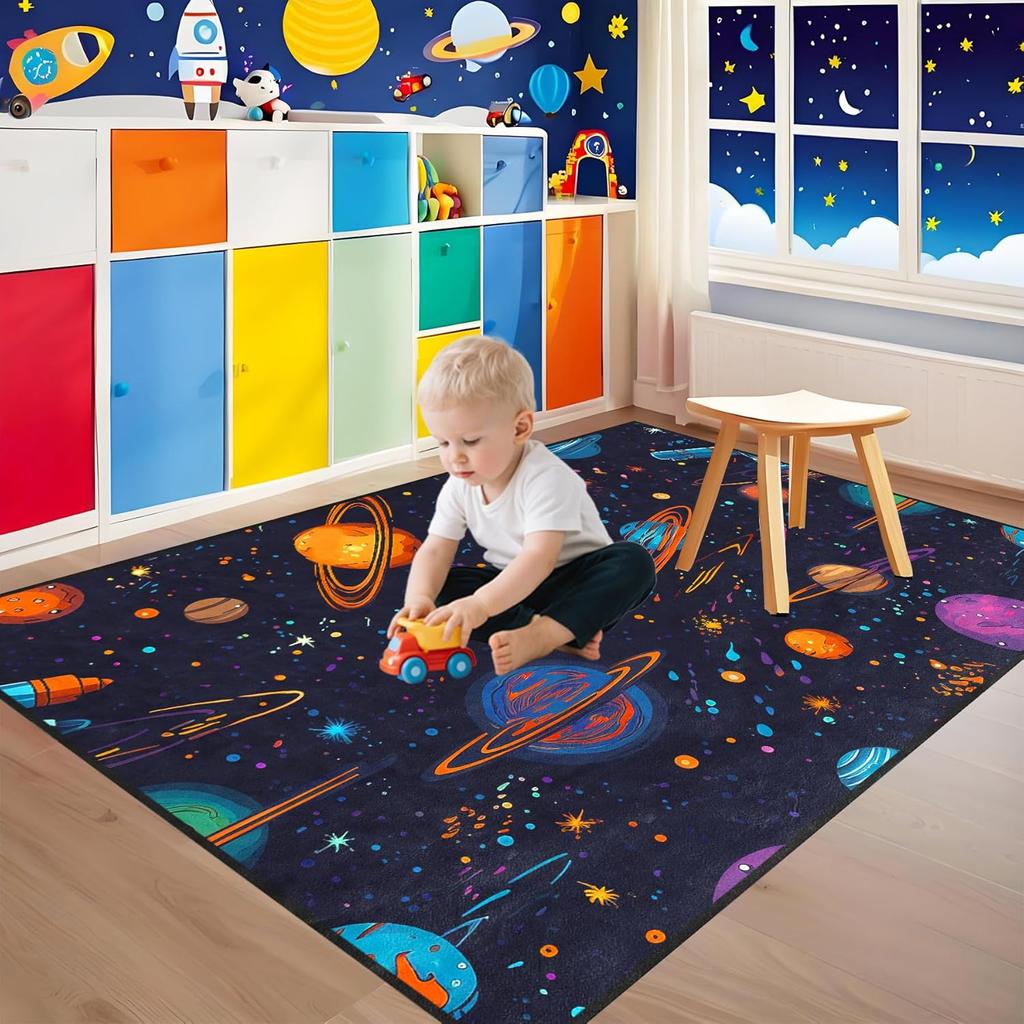 Outer Space Galaxy Rug for Kids Bedroom, Solar System Play Carpet, Universe Theme Non-Slip Floor Mat for Boys and Girls