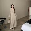 Autumn 2025 Retro V-Neck Bell Sleeve Knit Dress for Women - Elegant and Slimming Long Skirt