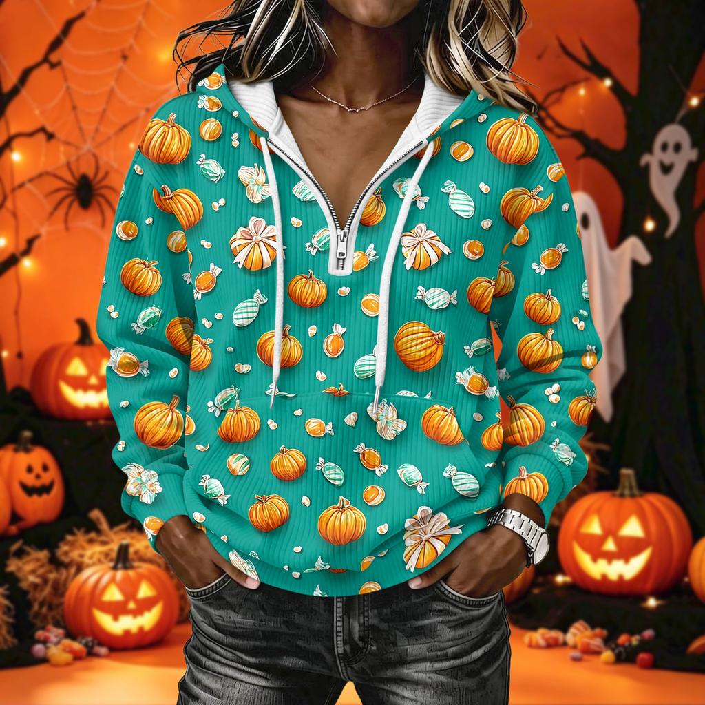 Women's Halloween Print Long Sleeve Hoodie Pullover Sweatshirt