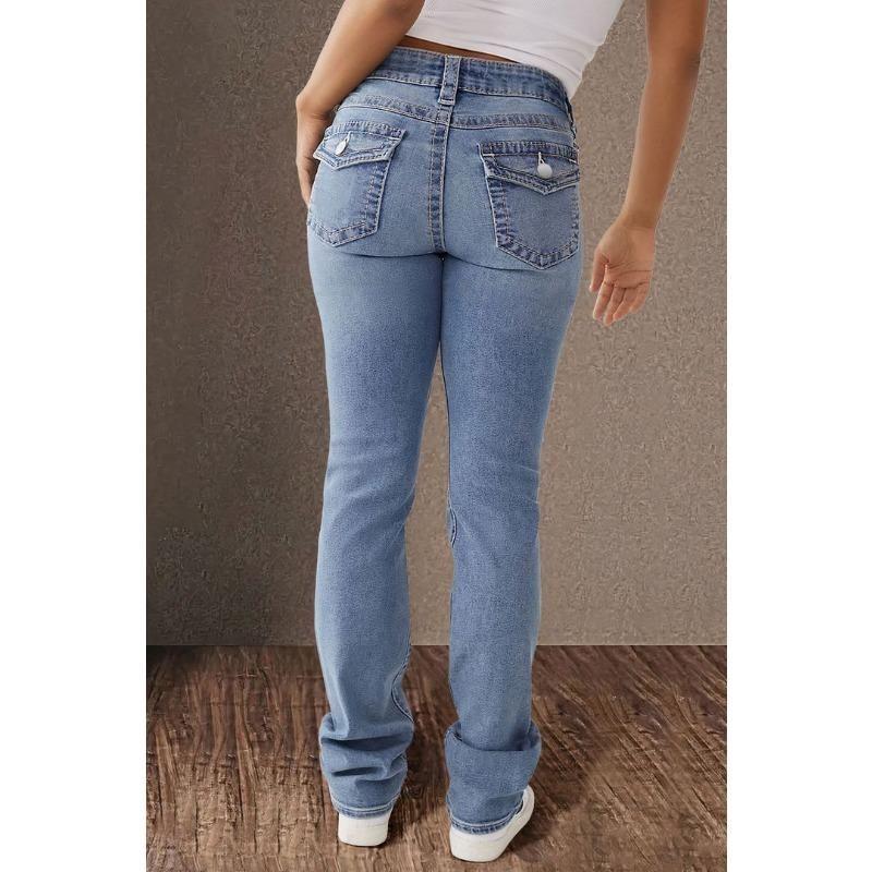Damen Frühjahr Neue Doppelknopf Mid-Waist Straight Jeans Slim Temperament Hose