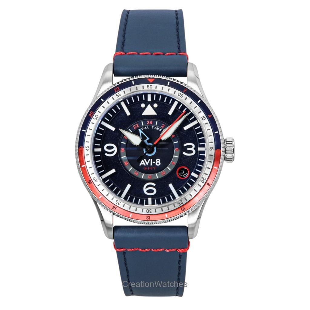 AVI-8 Flyboy Airmaster GMT Kokpitově modrý kožený řemínek Modrý ciferník Automatické AV-4128-04 Pánské hodinky