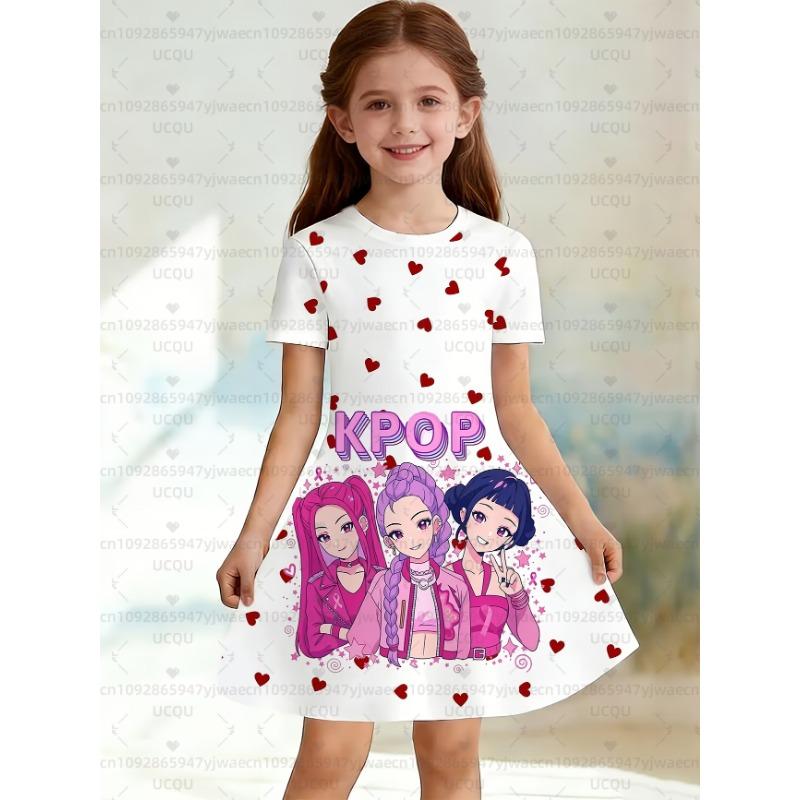 Summer Cute Kpop Demon Hunters Child Short Sleeve Adult Kids Tee Birthday Jersey Fashion Dress Cosplay Huntrix Fan Gift