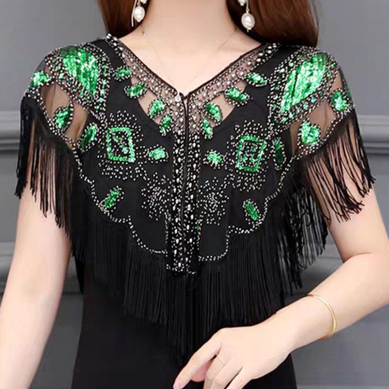 Chal Fluido de Lentejuelas y Perlas Estilo Retro de los Años 20 para Mujer Vestido de Novia con Banquete Escenario Fiesta