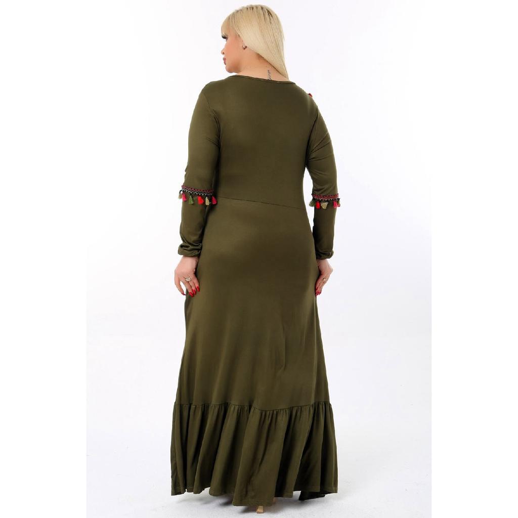 Embroidered V -neck Tassel Skirt With Frilly Long Arm Full Size Dress