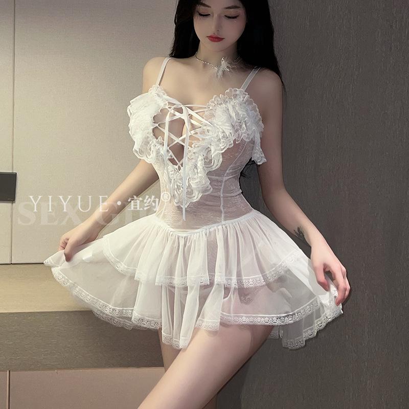 Erotic Underwear: Sexy halter, Lace, Seductive, Cut-out, lace-up, mesh sleeping dress, Hot see-through uniform 8497