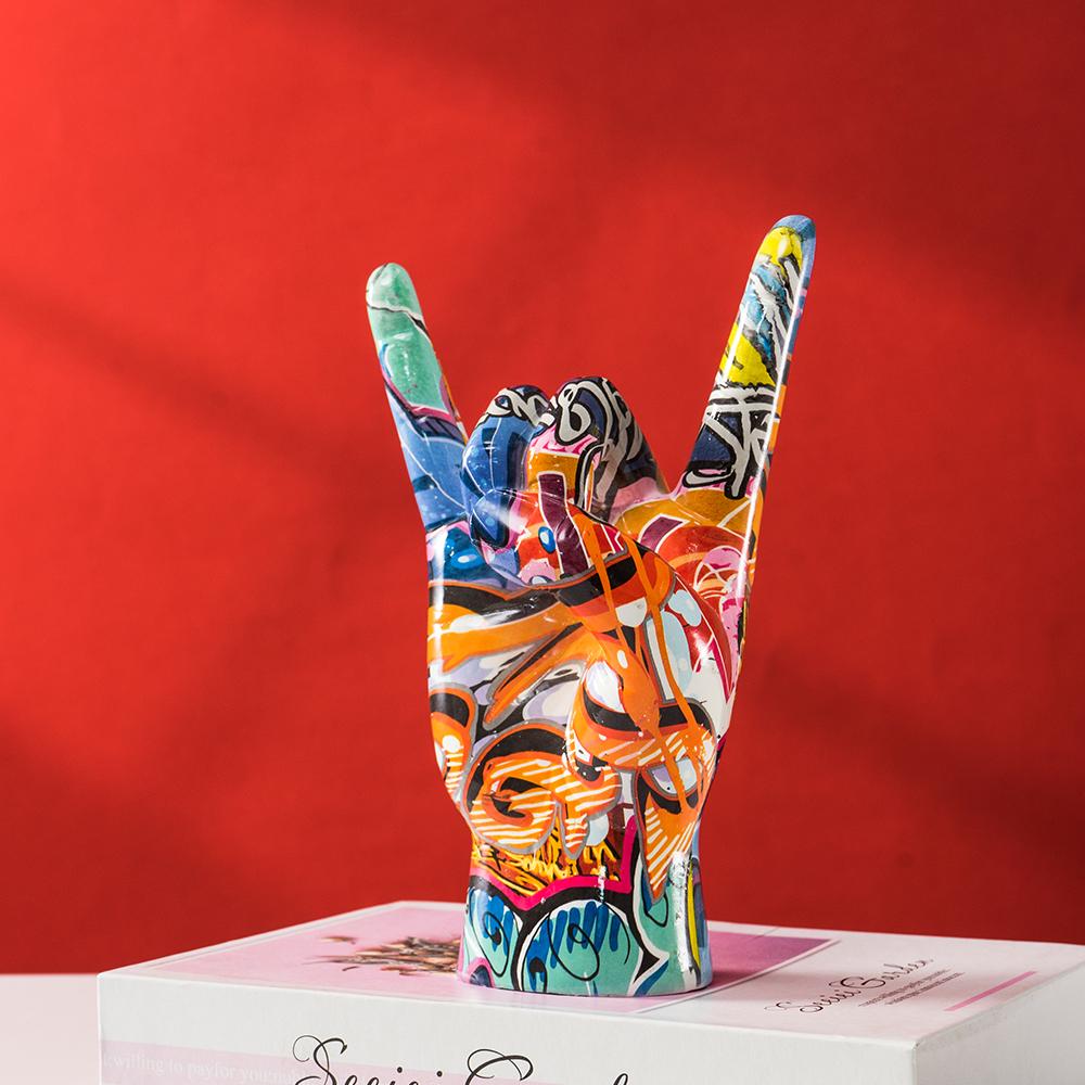 Graffiti Rock On Hand Statue Model Gesture Figurines 20cm Music Band Room Bookshelves Desktop Living Room Decor Modern Art Pop