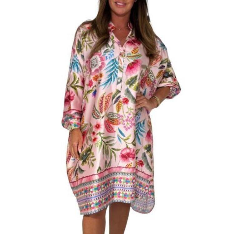 Plus Size Boho Floral Print Womens Dress Short Sleeve Button Up S розовый