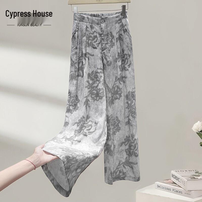 

Women s Linen Blend Retro Print High-Waist Wide-Leg Pants L