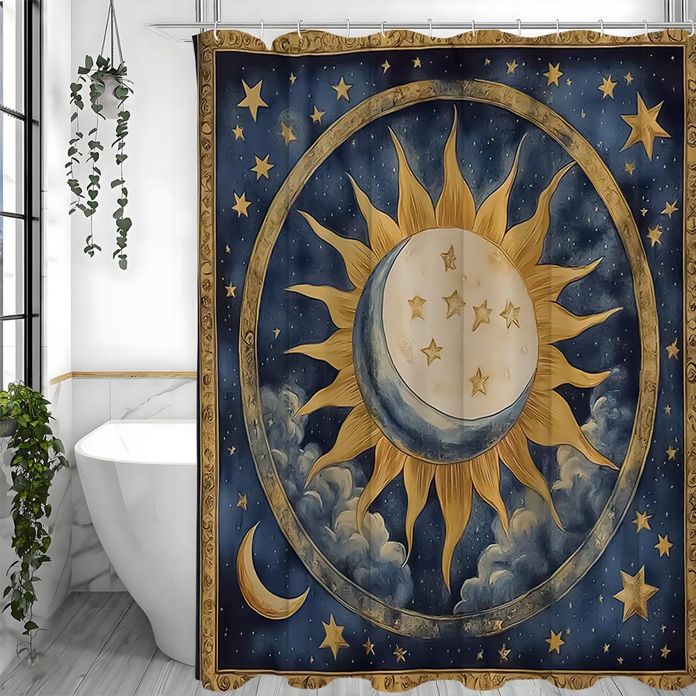 Sun Moon Star Shower Curtain, Bathroom Decorative Shower Curtain, Waterproof Shower Curtain with Hooks