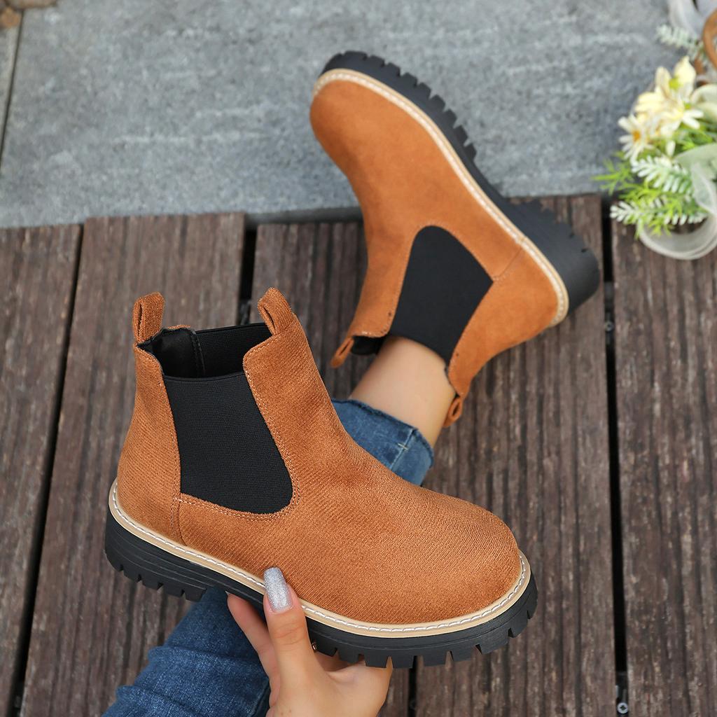 Women's Platform Suede Martin Boots, Round Toe Chunky Heel Ankle Booties, Elastic Gaiter Wide Width Available Slip-On Boots