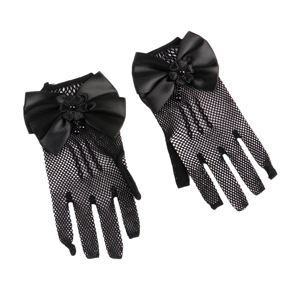 1 Pair Lace Girls' Formal Gloves Comfortable Nylon Fabric Mittens for Wedding Dresses and Special Occasions White/Black