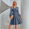 Moda Commute Tinta Unita Scollo a V Femminile Abito Elegante Autunno Ufficio Donna Rete Manica Lunga Pieghe Ginocchio Vestiti Abbigliamento Donna