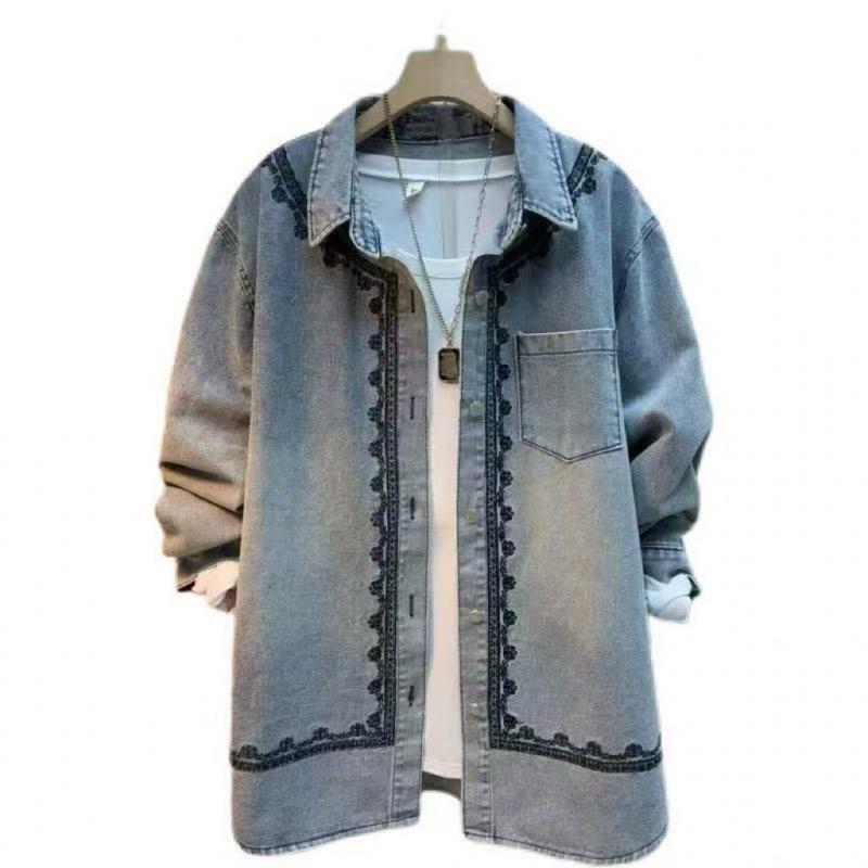 Embroidered lace lapel long-sleeved denim shirt jacket women's ins spring and autumn medium and long loose shirt