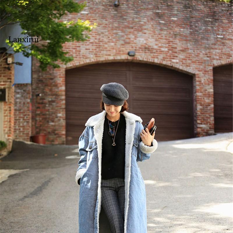 Silný X-Long Lamb Velvet Denim Trench Coat Zimní dlouhé trenčkoty pro ženy Jednořadové designové džínové kabáty