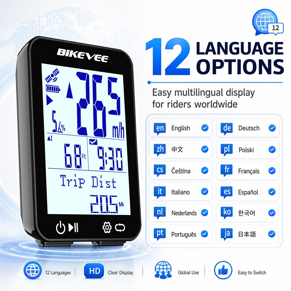 BIKEVEE Newest 12 Languages Bluetooth Wireless Bicycle Computer 2.4-inch LCD Screen Multilanguage MPH KM/H Rechargeable GPS Bike Speedometer Odometer