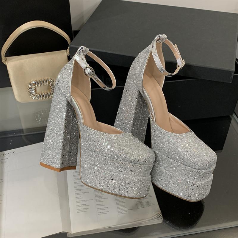 Fashion Bling Bling Fashion Sequined Double Platform Wedges Women Gladiator Sandals Summer Sexy 15cm Ultra High Heels Party Prom Shoes