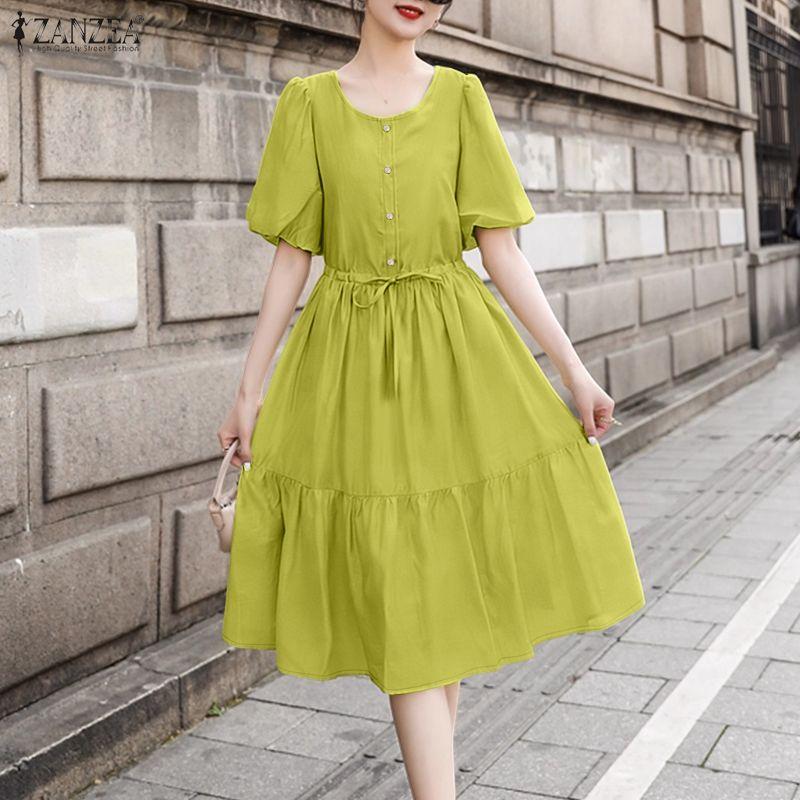 ZANZEA Women Casual Round Neck Solid Color Short Sleeve Dress