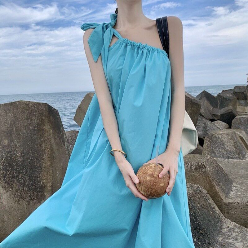 Sanya Travel Outfit for Photoshoot, Beach Dress for Petite Women, Seaside Vacation, Super Fairy-Like One-Shoulder Strap Dress