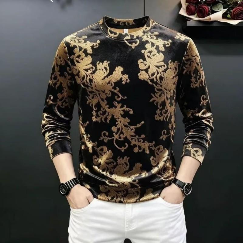Mens Velvet Long Sleeve T-Shirt Vintage Jacquard Crew Neck Slim Fit Base Top Trendy
