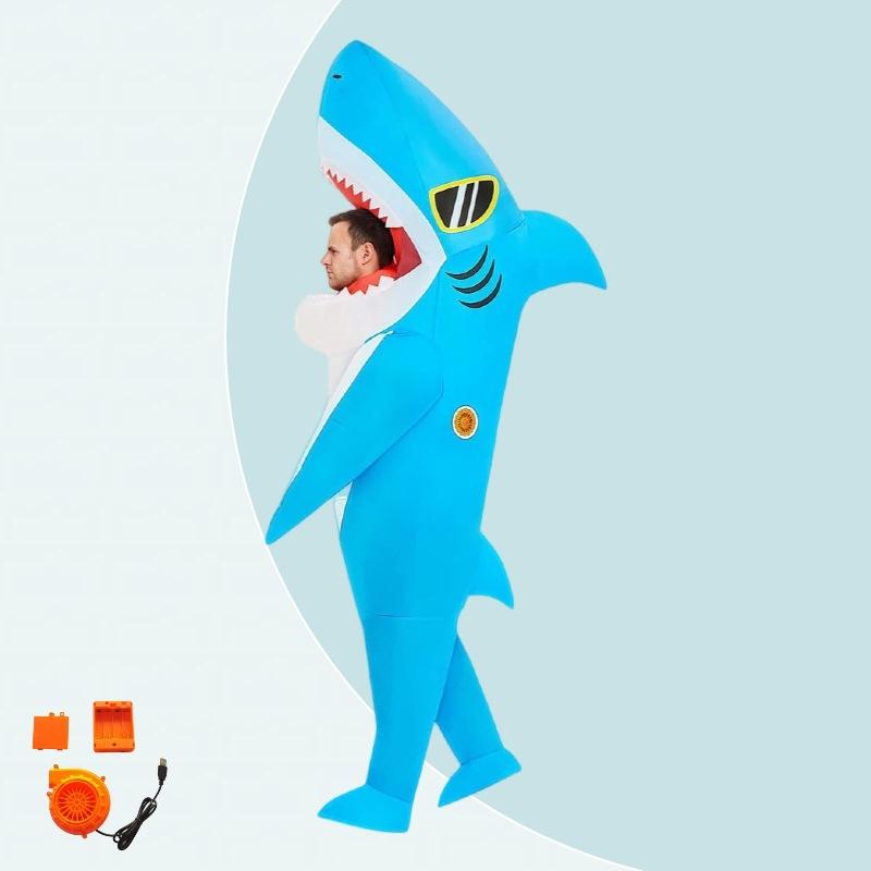 Nafukovací kostým žraloka na Halloween, Kreslený cosplay outfit, Roztomilý zvířecí kostým pro dospělé a děti