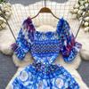 Vocation Dress for Women Square Collar Puff Sleeve Printing Chiffon Dresses A-line Folds Stretch Vestidos Mujer Summer Dropship