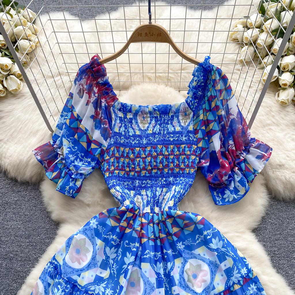 Berufskleid für Damen, quadratischer Kragen, Puffärmel, bedruckt, Chiffon-Kleider, A-Linie, Falten, Stretch, Vestidos Mujer, Sommer, Dropship