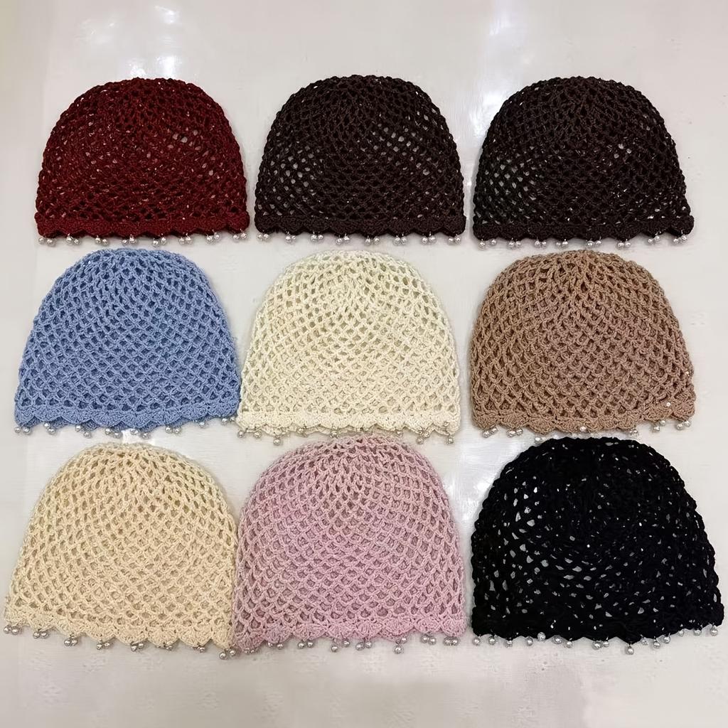 1Pc Sequined Pearl Hat, Handmade Knitted Hollow Thin Breathable Versatile Beanie Hat