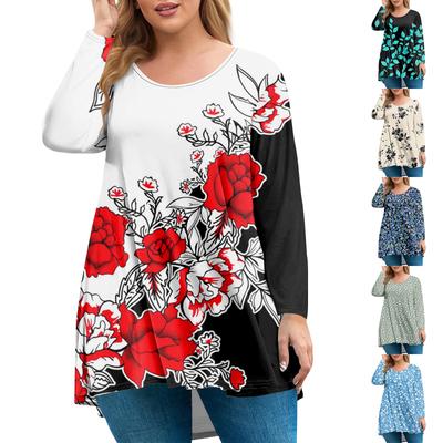 Women's Plus Size Top, Garden Collar Long Sleeved Shirt, Fashionable Floral Print Casual Top