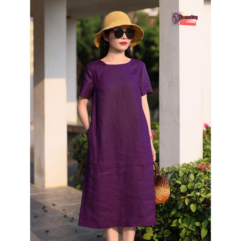 

2026 Summer Women s Slimming Cotton Linen Chinese Style Cheongsam Dress XXL фіолетовий