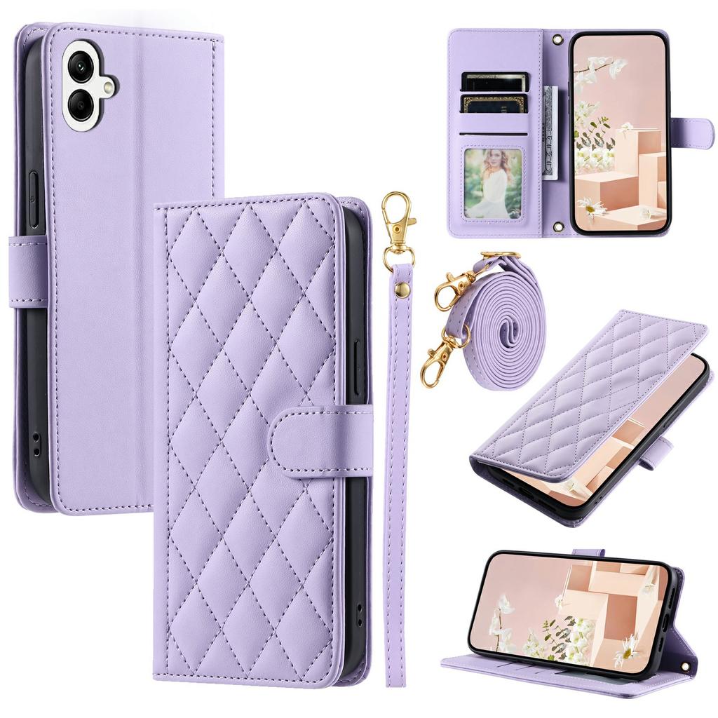 For Samsung Galaxy A07 4G Case Wallet Rhombus Grid PU Leather Phone Cover with Shoulder Strap/Wrist Strap